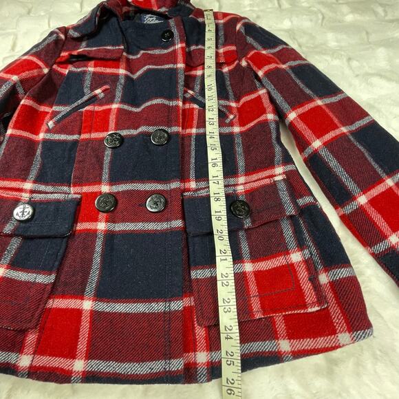 🔥American Eagle Wool Blend Plaided Red Blue Military Style Peacoat Jacket Sz M - Picture 14 of 16